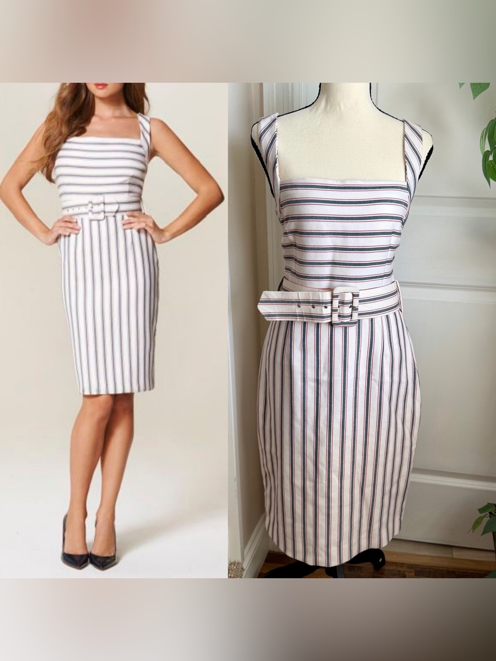 Zara Basic Nautical Striped Belted Knee-Length Sheath Dress White Sz L